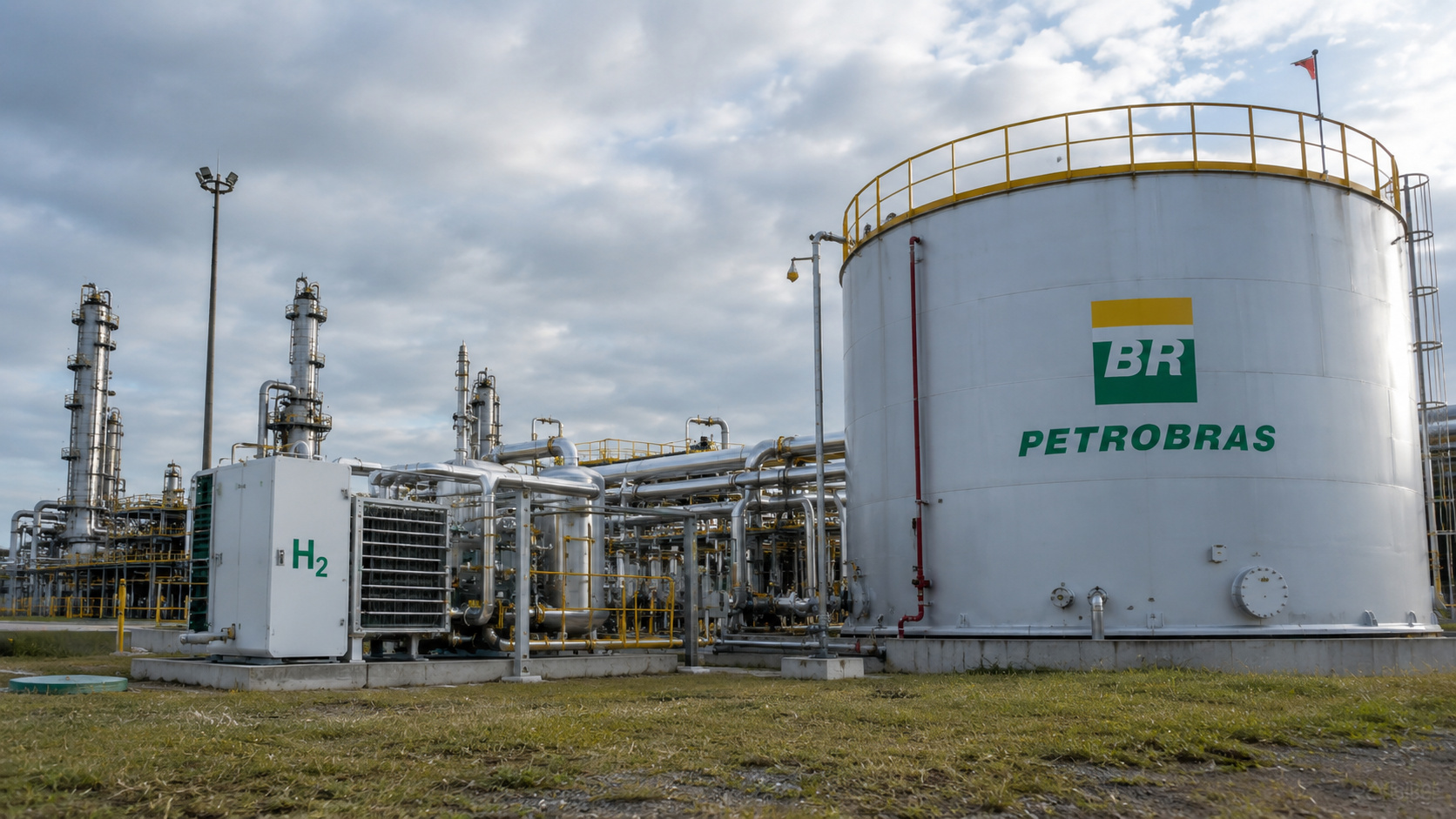 Instalação industrial com tanque da Petrobras e equipamento de produção de hidrogênio verde em área energética, representando investimento em eletrolisadores e inovação para transição energética no Brasil.