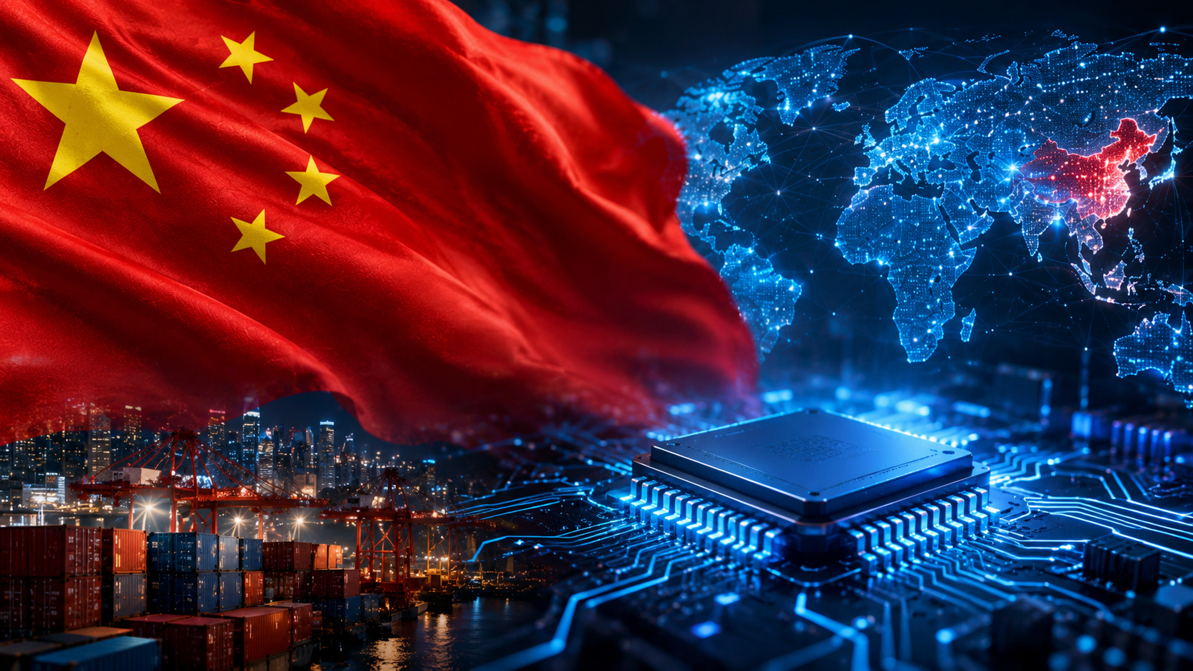 Bandeira da China em destaque ao lado de um microchip eletrônico, mapa digital global e porto de contêineres, representando as novas regras chinesas para tecnologia, exportação de conhecimento e impactos no comércio internacional.