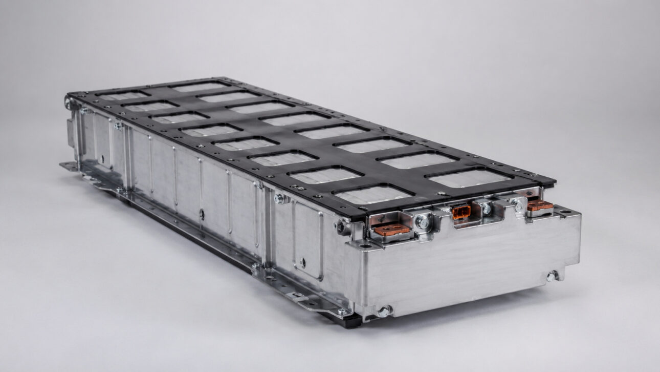Módulo metálico de bateria automotiva usado para ilustrar tecnologia de bateria de estado sólido em carros elétricos, tema ligado aos testes do Dodge Charger Daytona pela Stellantis e Factorial Energy.