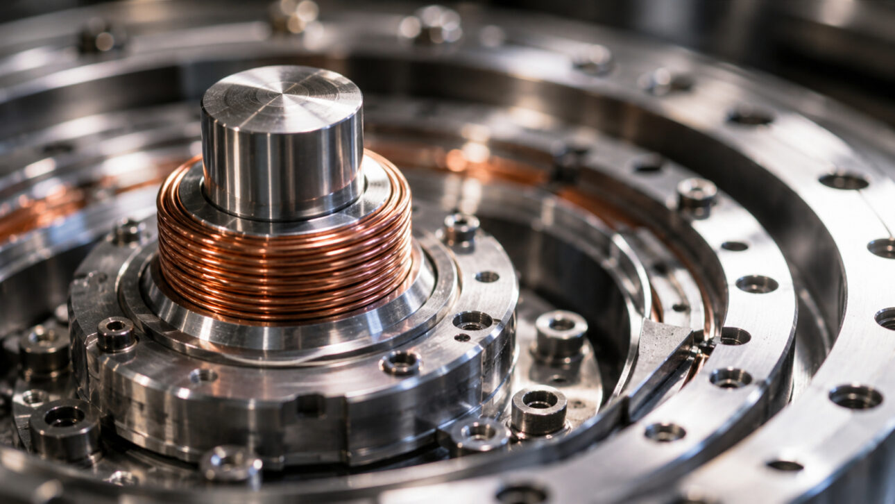 Bobina de cobre en equipo metálico de precisión, representando tecnología superconductora usada en el superimán chino de 35,6 tesla.