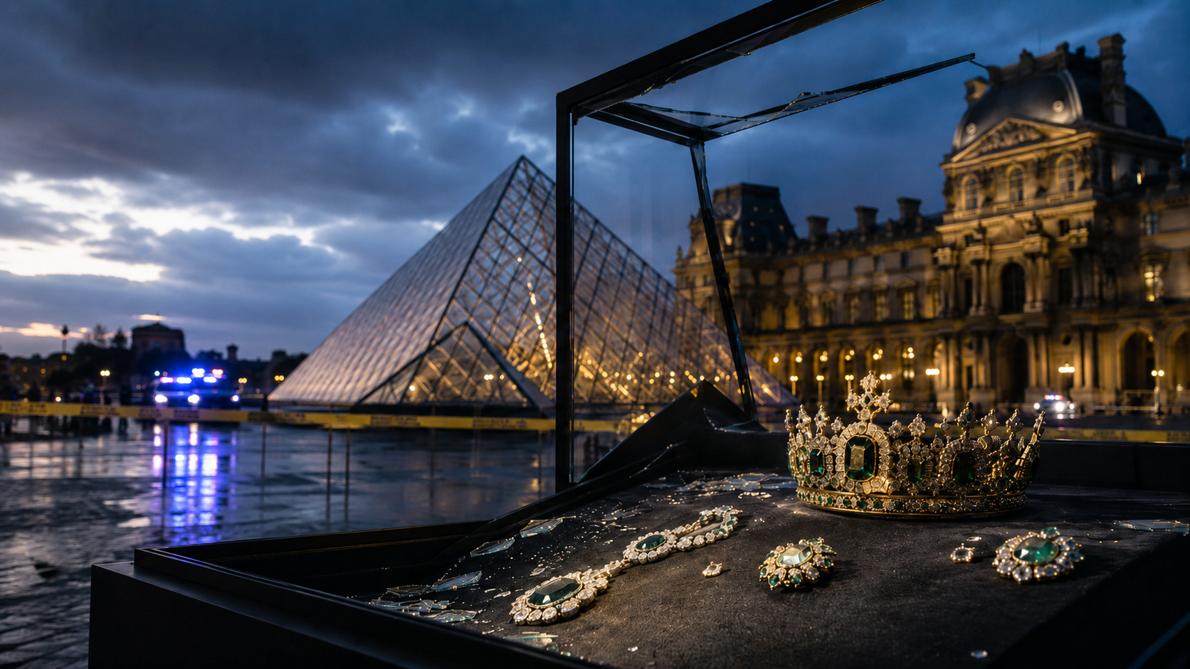 Joias históricas em vitrine quebrada diante do Museu do Louvre, ilustrando o roubo de US$ 102 milhões que vai virar filme e série documental.