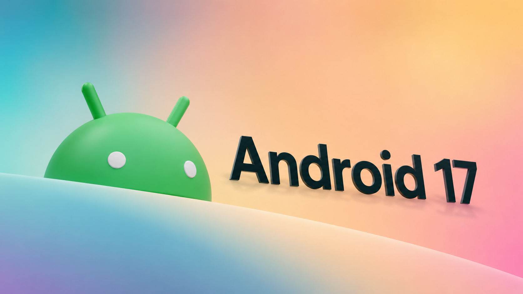 Ilustração do Android 17 com mascote verde do Android em destaque sobre fundo degradê, representando o lançamento do novo sistema do Google com foco em inteligência artificial.