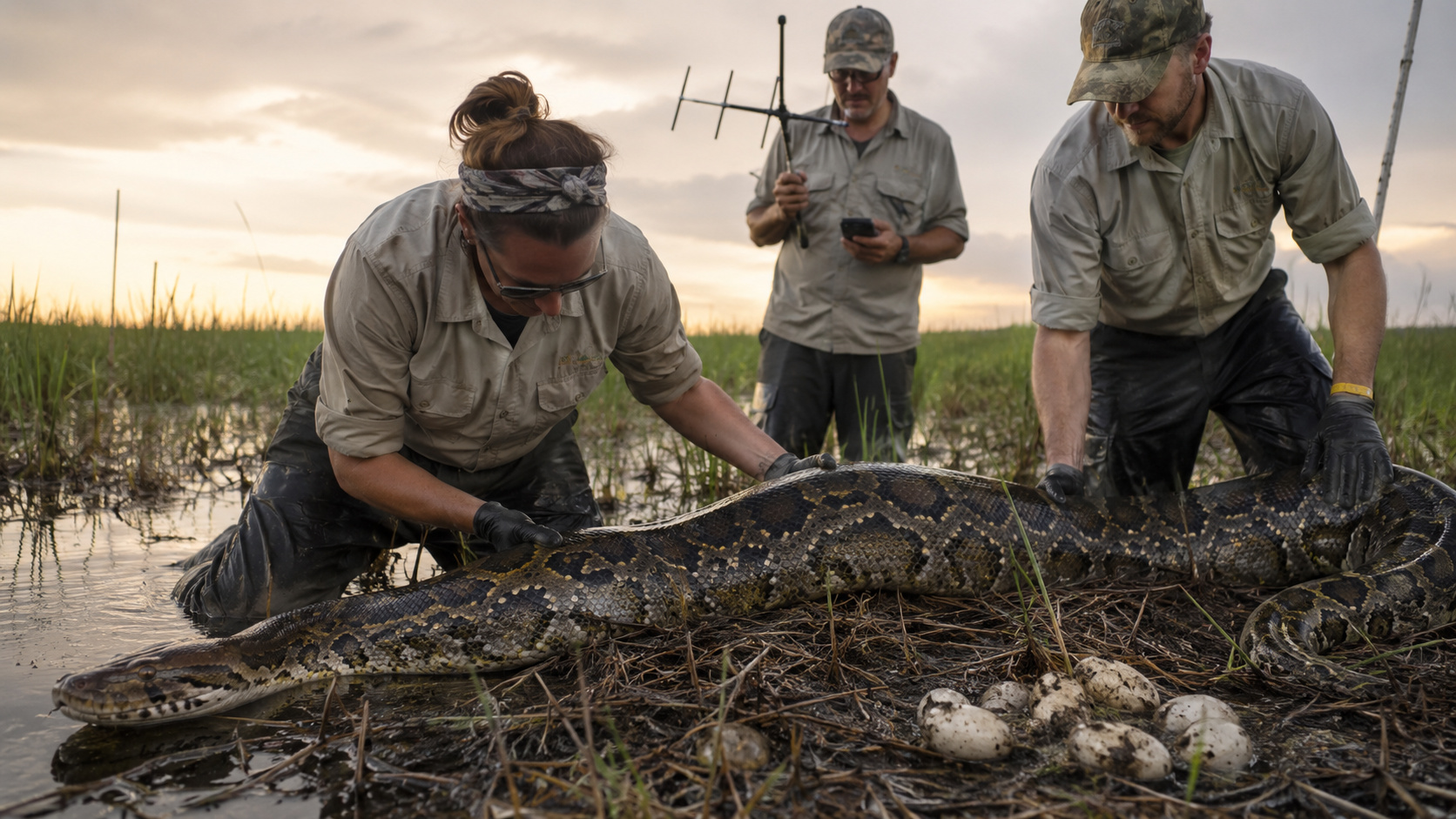 Pesquisadores manuseiam píton-birmanesa gigante em área alagada dos Everglades durante operação de conservação na Flórida