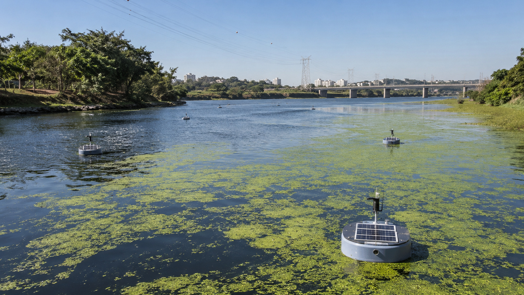 Boias solares de monitoramento flutuam no Rio Tietê em área com manchas verdes de algas, ilustrando projeto da Cetesb com ultrassom para controle ambiental.