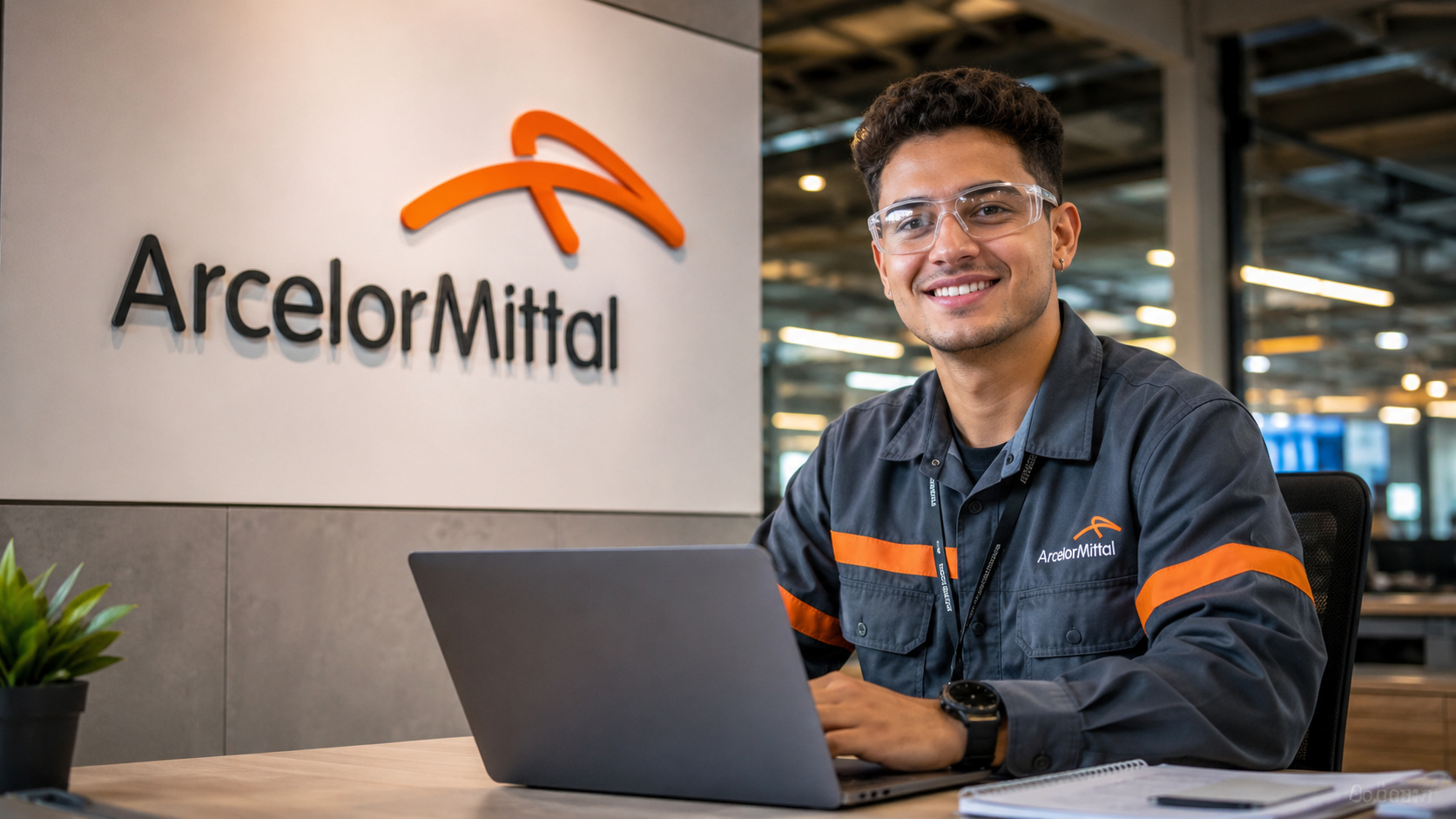 Estagiário da ArcelorMittal trabalhando em notebook dentro de ambiente corporativo moderno, ao lado do logotipo da empresa, representando oportunidades de estágio e desenvolvimento profissional na indústria.