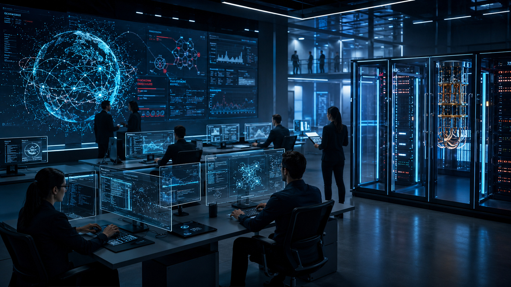 Centro de operações de alta tecnologia com painéis digitais, servidores avançados e equipe monitorando sistemas ligados à computação quântica, IA e simulações científicas