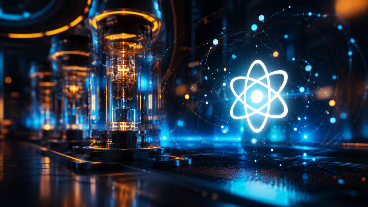 Laboratorio futurista con estructuras de computación cuántica, símbolo atómico brillante y partículas digitales, representando avance de los qubits, simulaciones científicas y nuevas tecnologías.