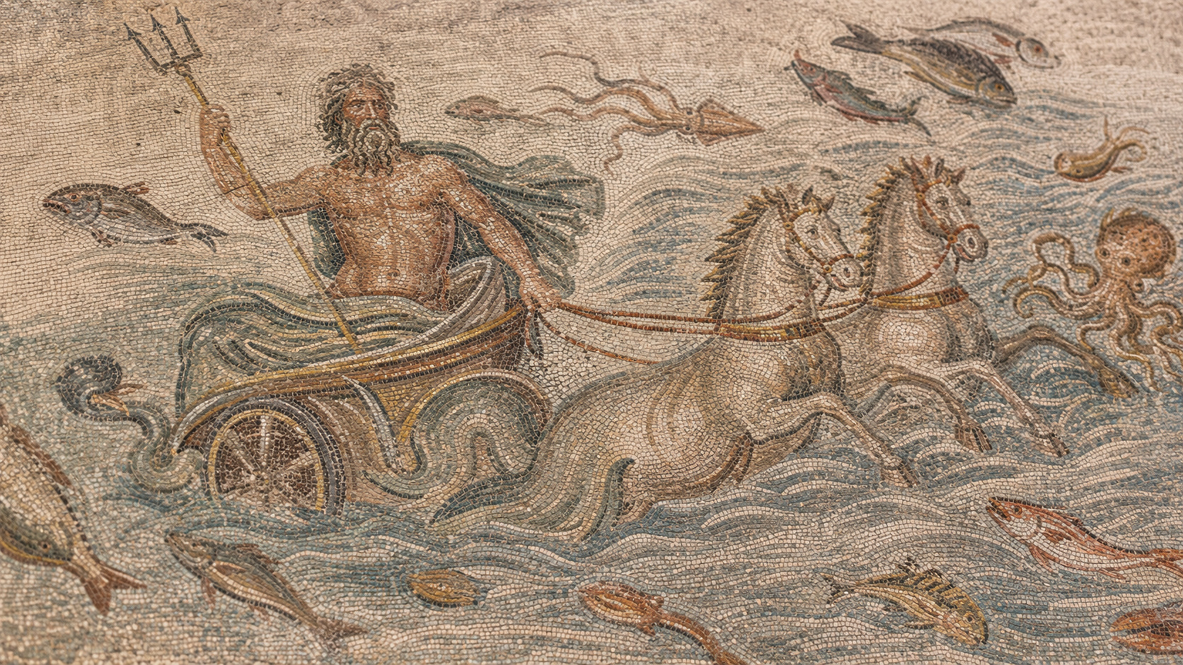 Representação em mosaico de Poseidon em carruagem marinha cercado por peixes e criaturas do mar, ilustrando a descoberta de vestígios de um possível templo do deus na Grécia.