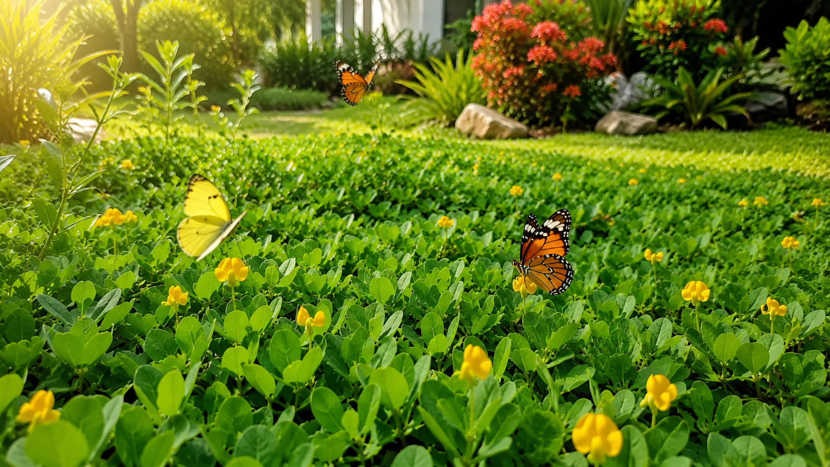 Jardim residencial com grama de amendoim e pequenas flores amarelas cobrindo o solo, enquanto borboletas sobrevoam a vegetação em um ambiente verde e ensolarado.