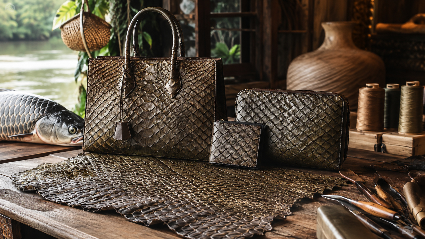 Bolsa e acessórios de couro com textura escamosa inspirada na pele do pirarucu em oficina artesanal amazônica, representando luxo sustentável, biomateriais e reaproveitamento da pesca.