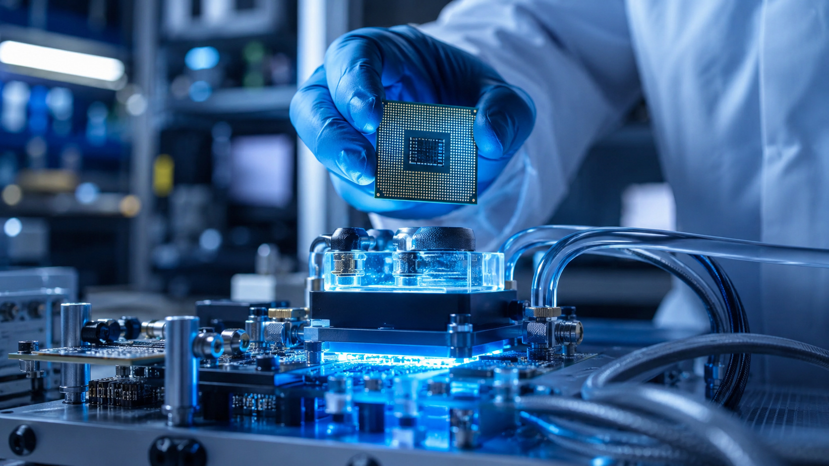 Pesquisador manipula um chip semicondutor em ambiente laboratorial avançado equipado com sistema de microcanais para refrigeração, destacando tecnologia voltada ao resfriamento térmico de processadores de alta performance.