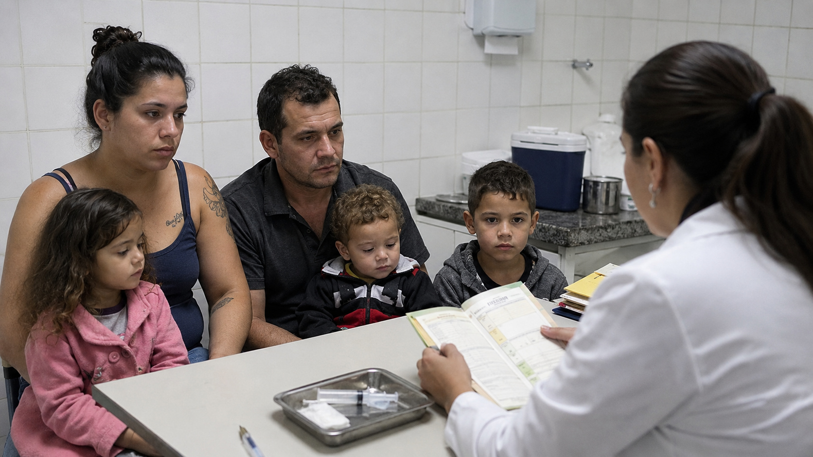 Família com três crianças em consulta médica sobre vacinação infantil em unidade de saúde, com profissional analisando caderneta de vacinação.
