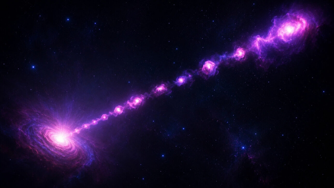 Representação ilustrativa de um jato cósmico roxo e rosa saindo de uma região brilhante no espaço, associado ao buraco negro M87* e às observações em raios X da NASA.