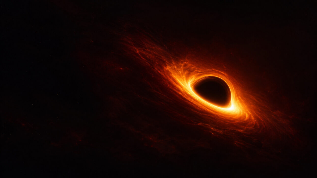 Representação ilustrativa de um buraco negro com centro escuro e disco de acreção brilhante, relacionado às observações do M87* em raios X pela NASA.