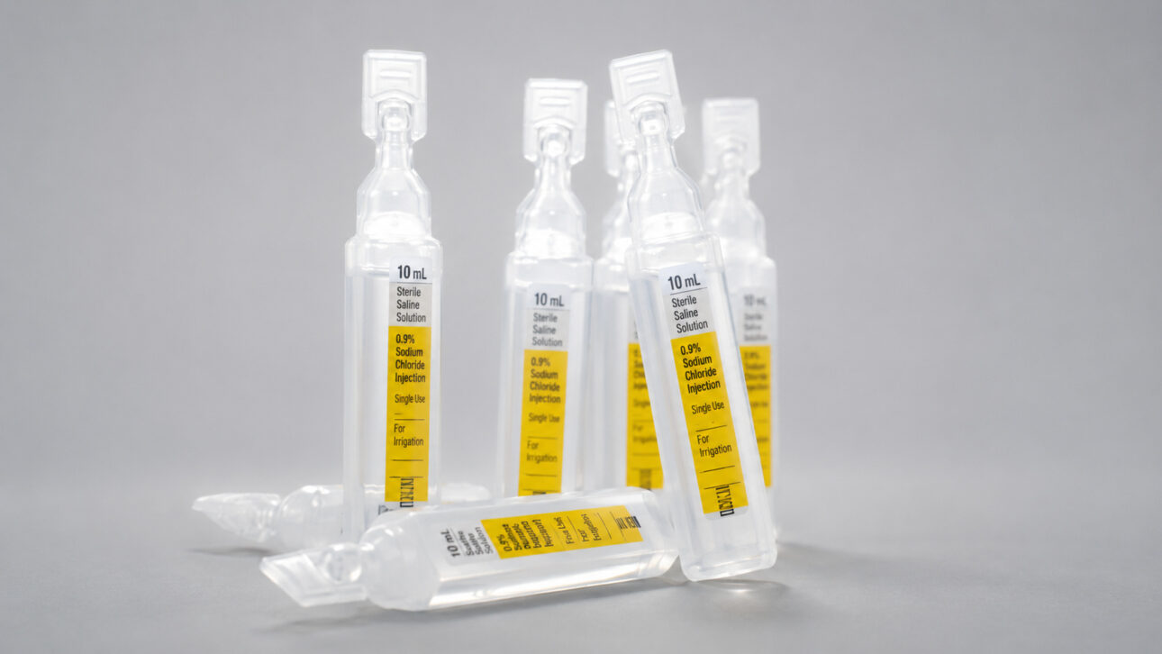Transparent saline solution ampoules with yellow labels, related to the batch recall determined by Anvisa.