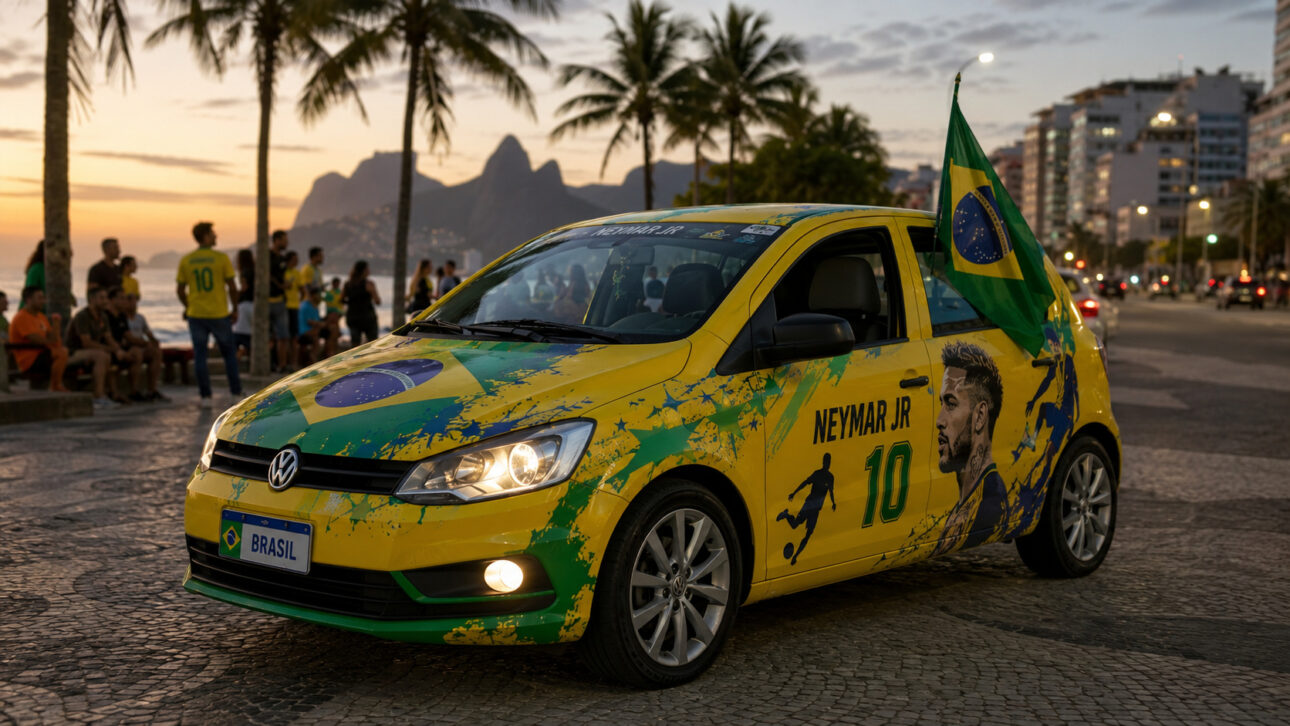 Yellow and green car decorated for the World Cup, with Brazilian flag, soccer stickers, and fans in the background.