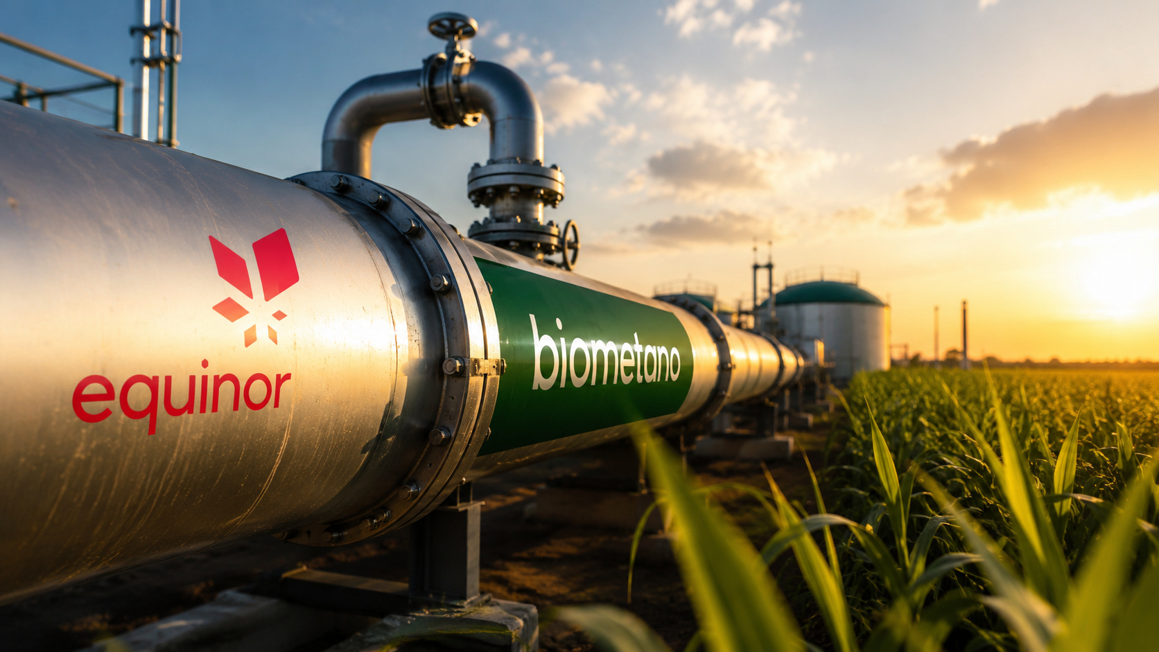 Tubulação industrial de biometano com logotipo da Equinor em área agrícola de cana-de-açúcar, representando investimento em energia renovável e aproveitamento de resíduos do etanol no Brasil.