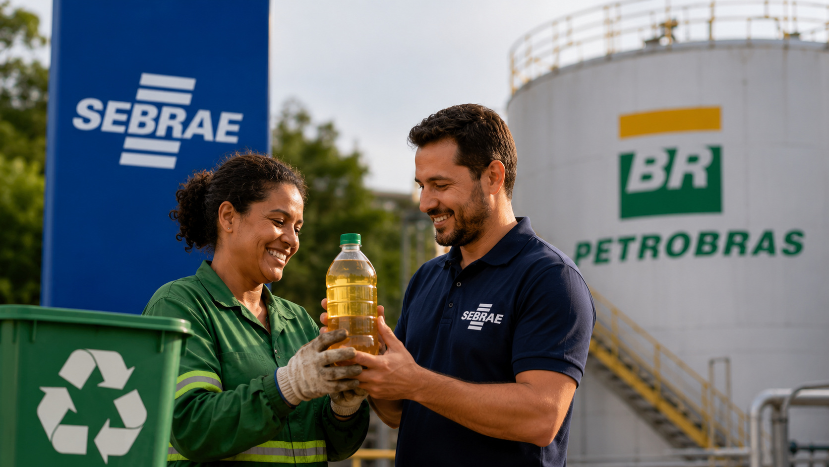 Representante do Sebrae e catadora seguram recipiente com óleo de cozinha reciclado diante de instalações industriais da Petrobras, simbolizando parceria para fortalecer a produção de biocombustíveis e a economia circular no Ceará.