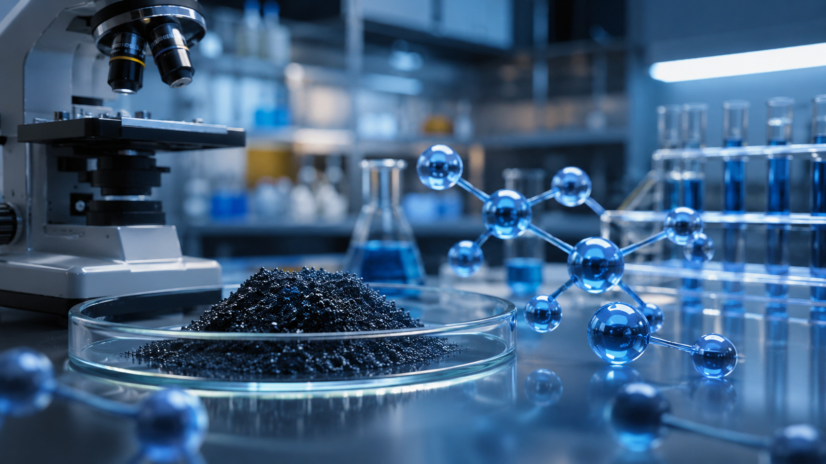 Laboratório de alta tecnologia com microscópio, amostra de material nanoestruturado e modelo molecular representando pesquisa avançada para armazenamento de hidrogênio e desenvolvimento de energia limpa.