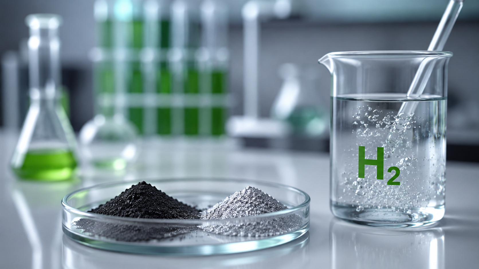 Ambiente laboratorial com amostras metálicas de ferro e níquel ao lado de recipiente com bolhas de hidrogênio, representando pesquisa sobre catalisadores de baixo custo para produção de hidrogênio verde.