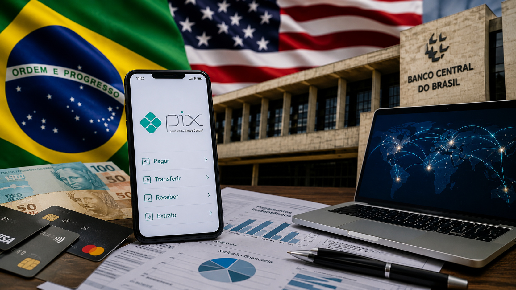 Imagem ilustrativa sobre a disputa entre EUA e Brasil envolvendo o Pix, com celular exibindo pagamento instantâneo, Banco Central, cartões, dinheiro e bandeiras.