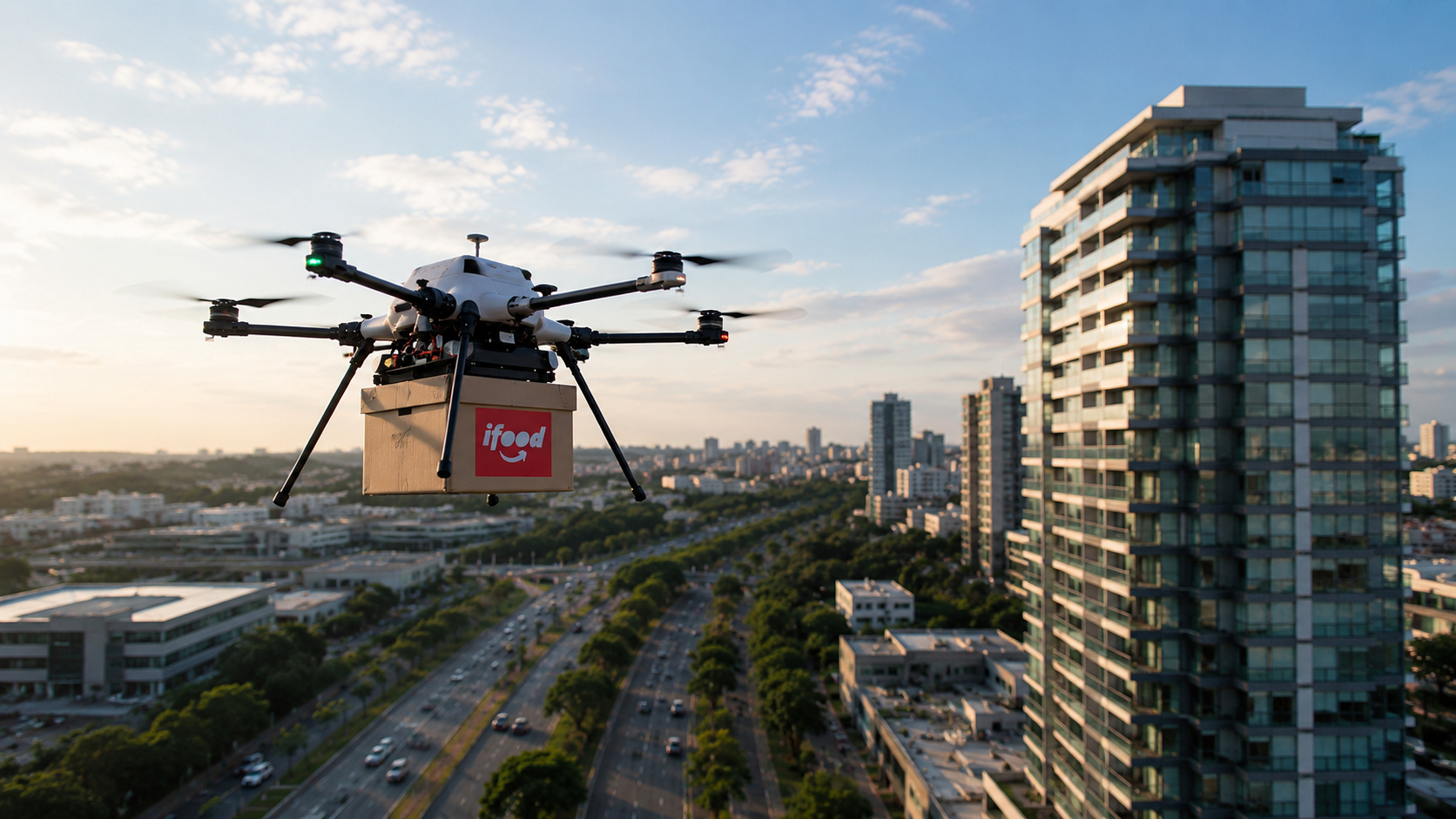Drone do iFood transportando pedido entre edifícios residenciais em Barueri durante operação de delivery aéreo autorizada pela Anac e pelo Decea.