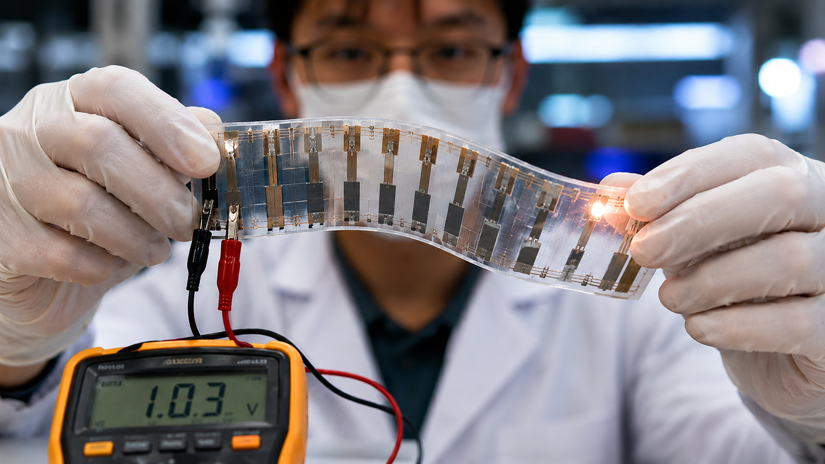 Pesquisador segura um material flexível capaz de gerar eletricidade a partir do calor corporal durante teste em laboratório, enquanto um equipamento mede a tensão produzida pela tecnologia.