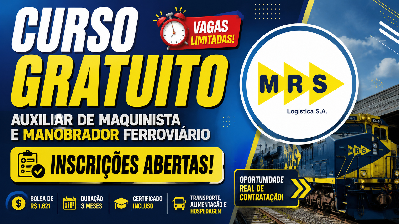 Thumbnail promocional da MRS Logística destacando curso gratuito para auxiliar de maquinista e manobrador ferroviário, com inscrições abertas, bolsa de R$ 1.621 e oportunidade de contratação. Ao fundo, locomotiva da empresa e logotipo institucional.