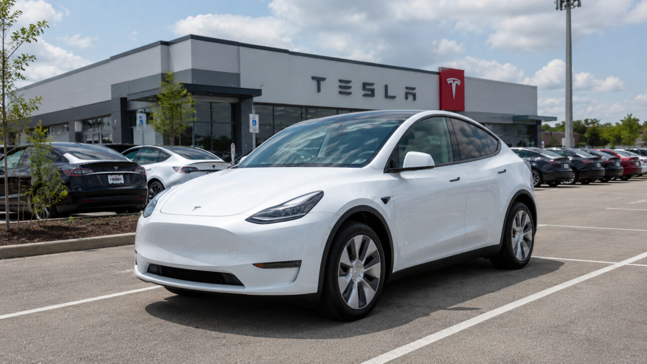 White Tesla electric car parked in front of a company unit, referring to the cyber attack against Tata Electronics.