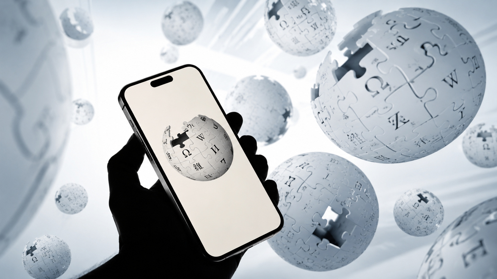 Mão em silhueta segura um smartphone diante de esferas inspiradas na Wikipedia, ilustrando o uso de inteligência artificial e o controle humano sobre conteúdos digitais.