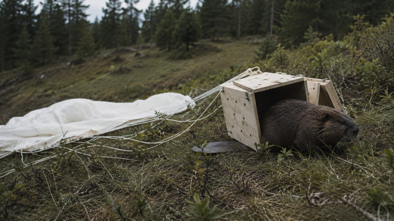 Castor saindo de caixa de madeira ao lado de paraquedas em área remota de Idaho