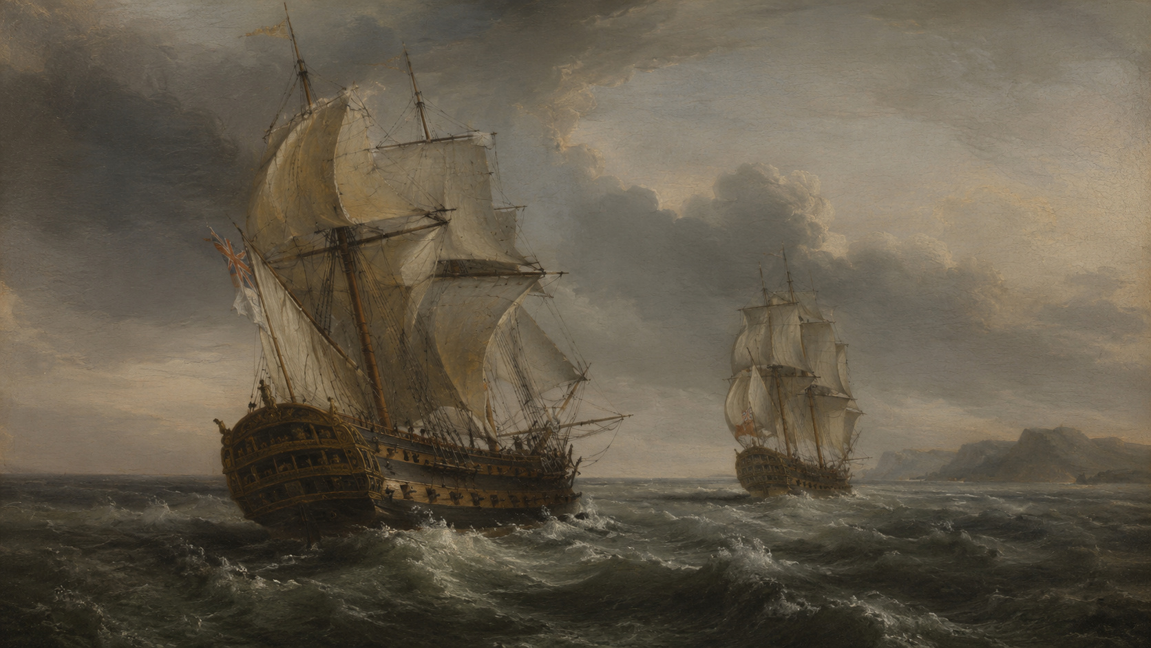Dois grandes navios de guerra do século 18 navegam em mar agitado, em cena que remete aos confrontos marítimos da Guerra da Orelha de Jenkins entre Grã-Bretanha e Espanha.