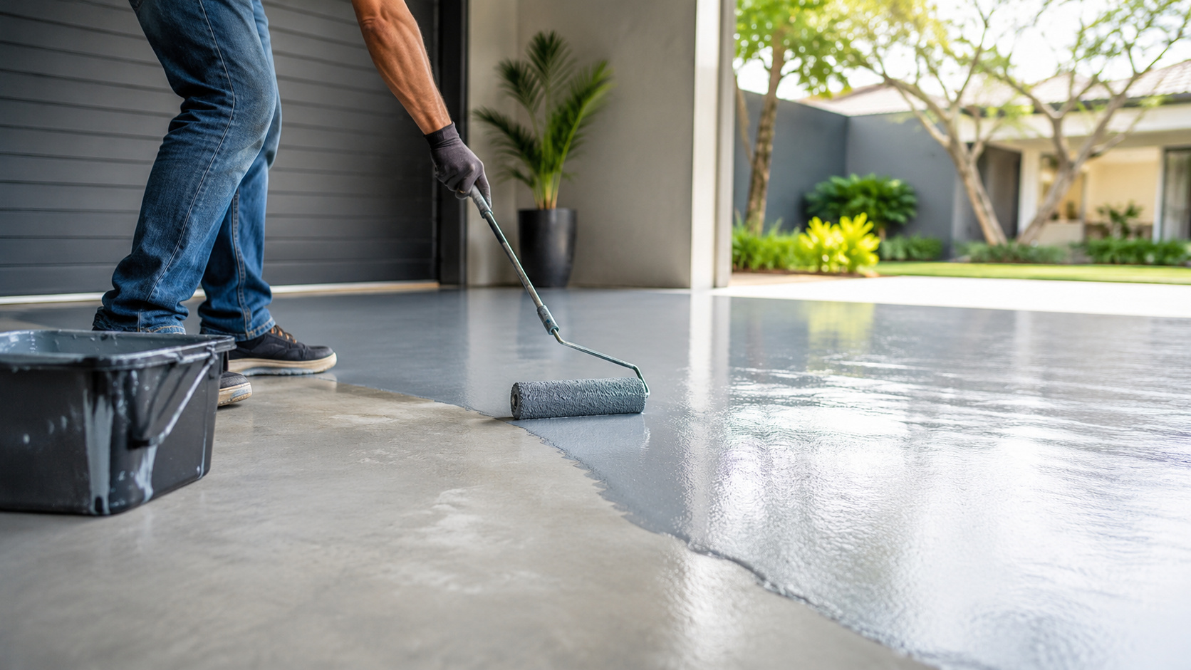 Pessoa aplicando tinta em piso de concreto de uma garagem residencial, renovando a superfície com acabamento uniforme e brilhante para aumentar a durabilidade e modernizar a área externa.