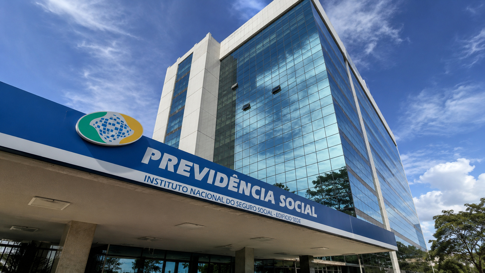Fachada de edifício da Previdência Social com estrutura envidraçada e placa institucional, em imagem ilustrativa sobre as novas regras de biometria do INSS.