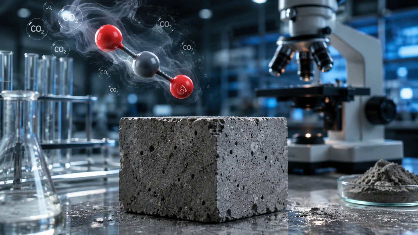 Bloco de concreto em ambiente laboratorial com representação molecular de CO₂, microscópio e equipamentos científicos utilizados em pesquisa sobre aumento da resistência do cimento.
