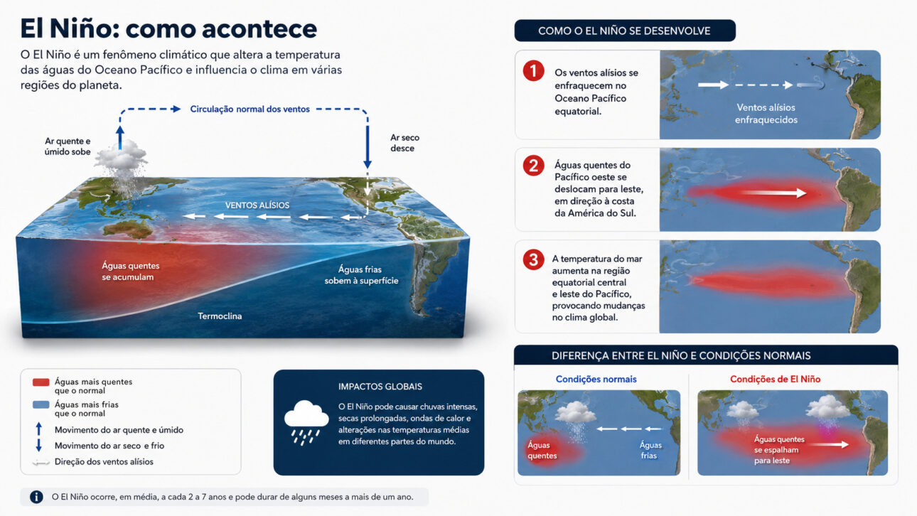Infográfico sobre a formação do El Niño, com mapas do Oceano Pacífico, circulação dos ventos, águas quentes e impactos climáticos globais.