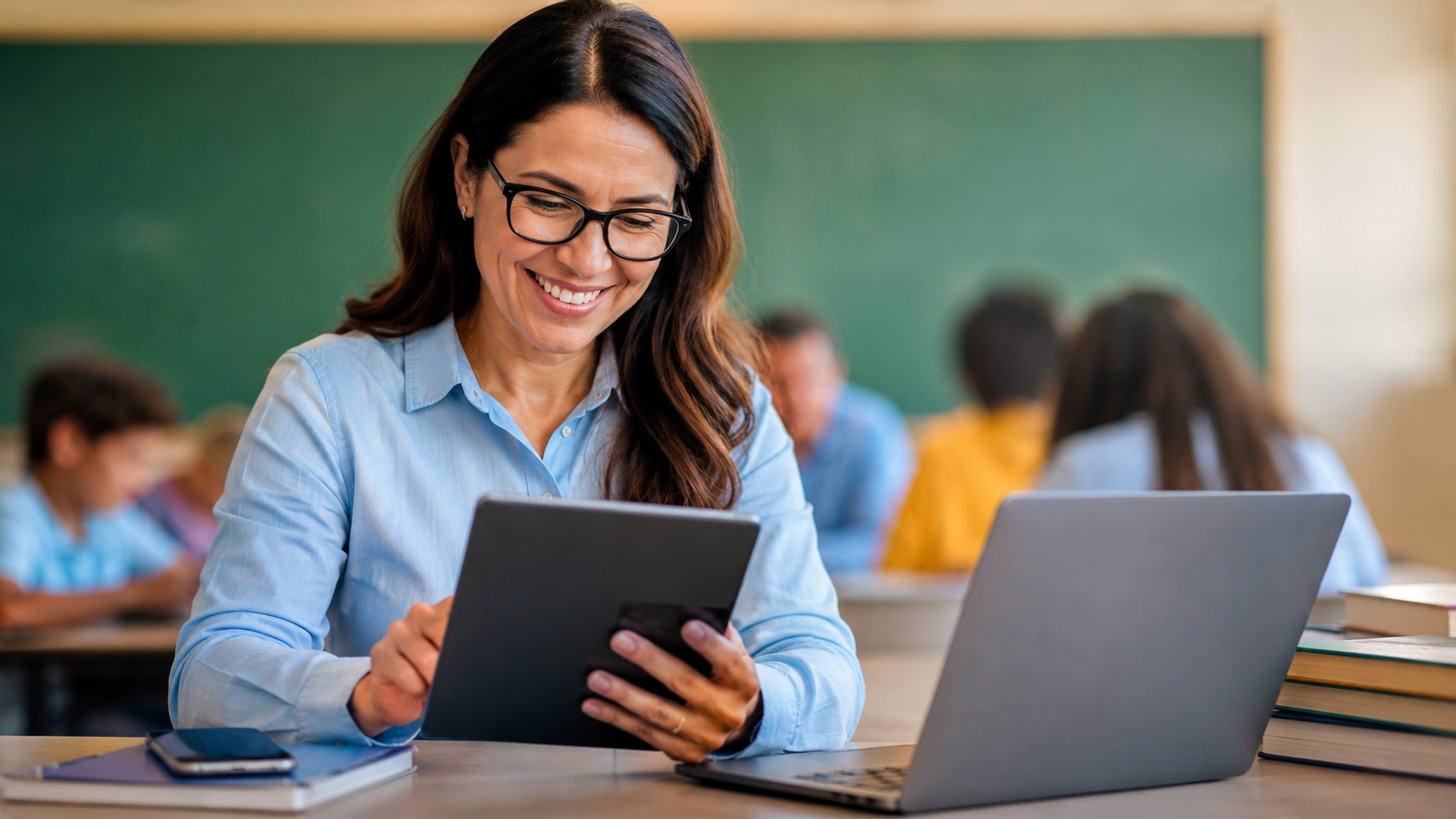 Professora utilizando tablet em sala de aula, com notebook e smartphone sobre a mesa, representando o acesso a tecnologias educacionais e benefícios para docentes.