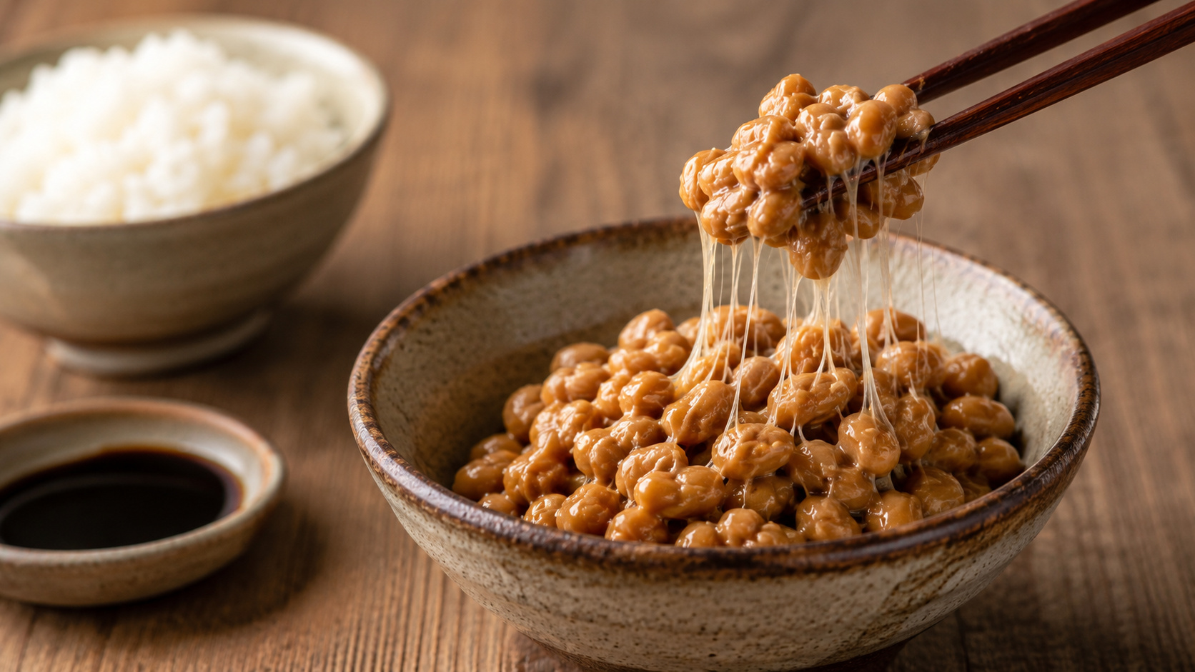 Tigela de natto, alimento japonês de soja fermentada, com fios pegajosos sendo puxados pelos hashis sobre mesa de madeira, ao lado de arroz branco e molho.