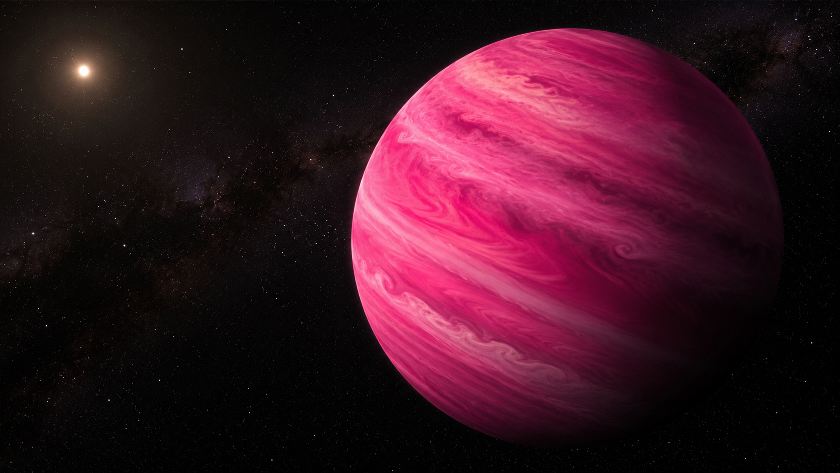 Planeta rosa GJ 504b com atmosfera magenta e nuvens de sal, observado pelo telescópio espacial James Webb.