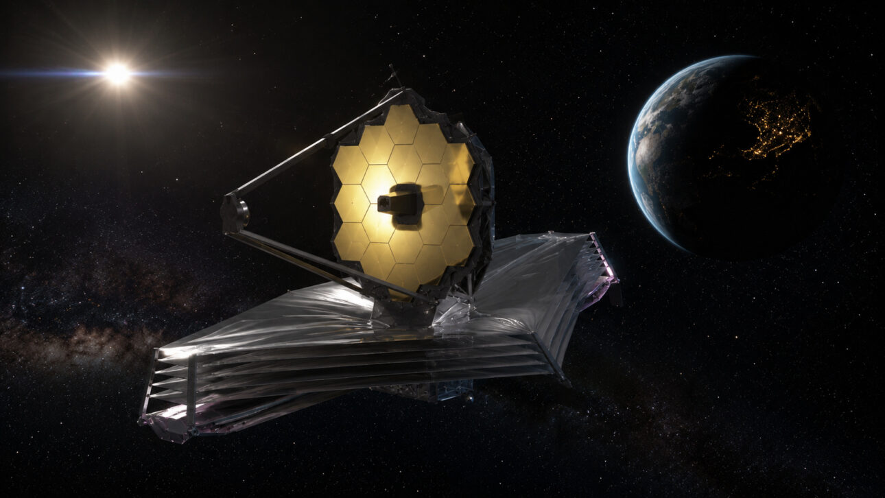 Telescópio espacial James Webb com espelho dourado em órbita, tendo a Terra e uma fonte de luz ao fundo.