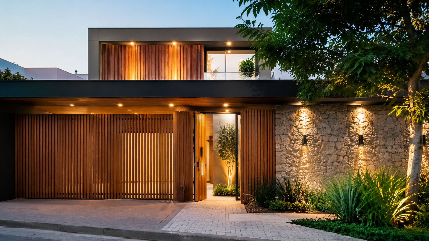 Fachada de casa moderna utilizando alumínio amadeirado em portões, ripados e revestimentos externos, combinando design sofisticado, iluminação arquitetônica e alta durabilidade.