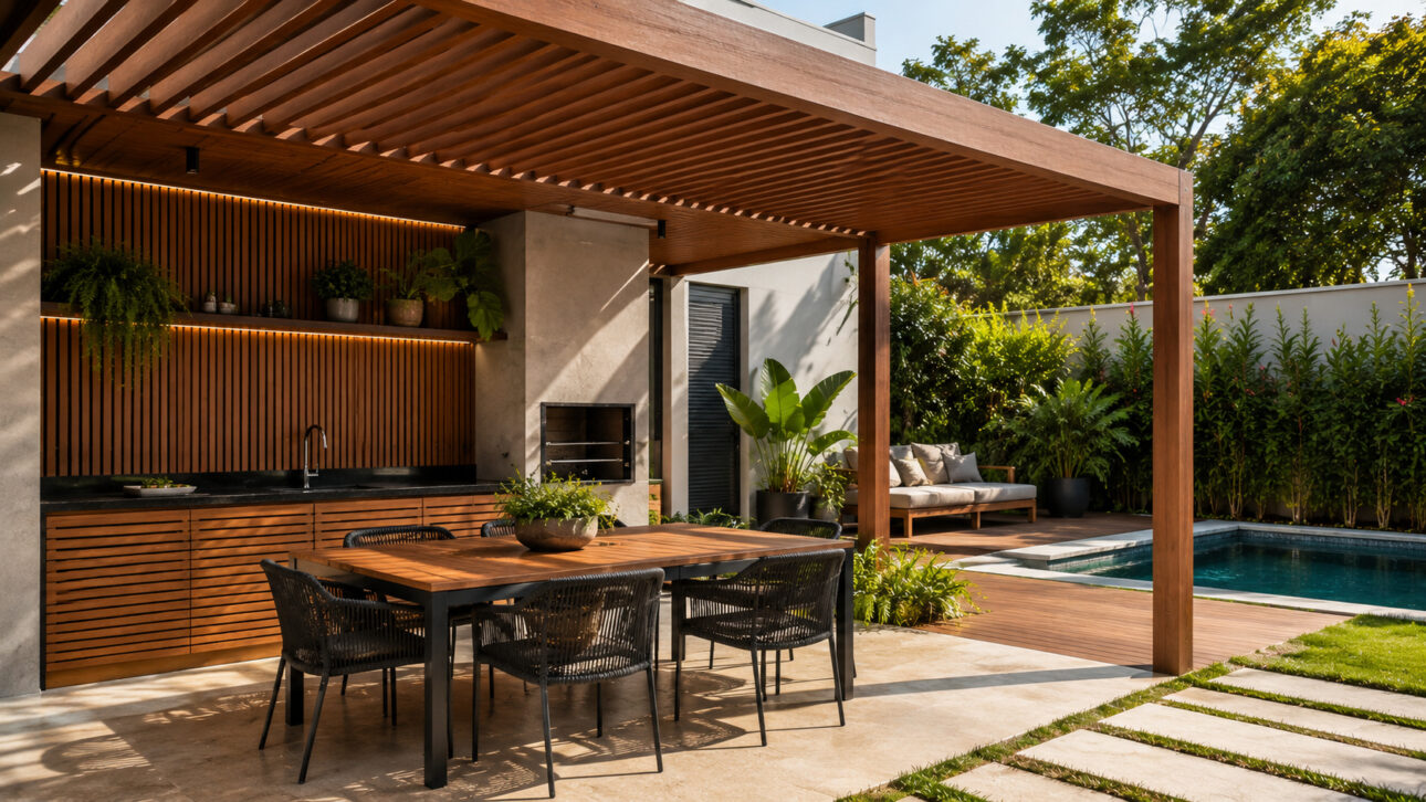 Outdoor gourmet area with wood-like aluminum pergola, modern furniture, landscaping, and pool, highlighting the application of the material in contemporary residential projects.