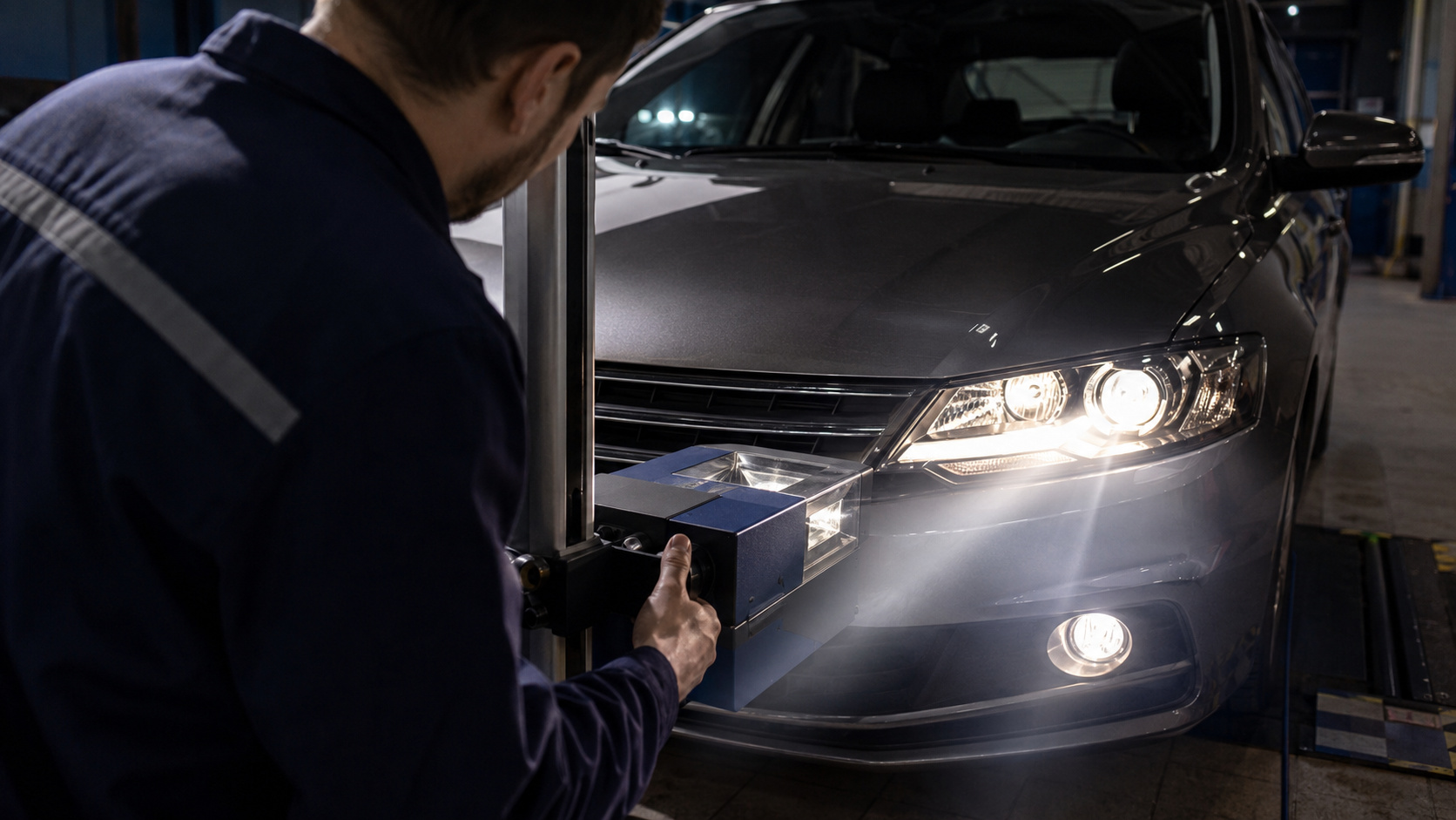 Técnico ajustando o farol dianteiro de um carro em oficina durante inspeção do sistema de iluminação automotiva.