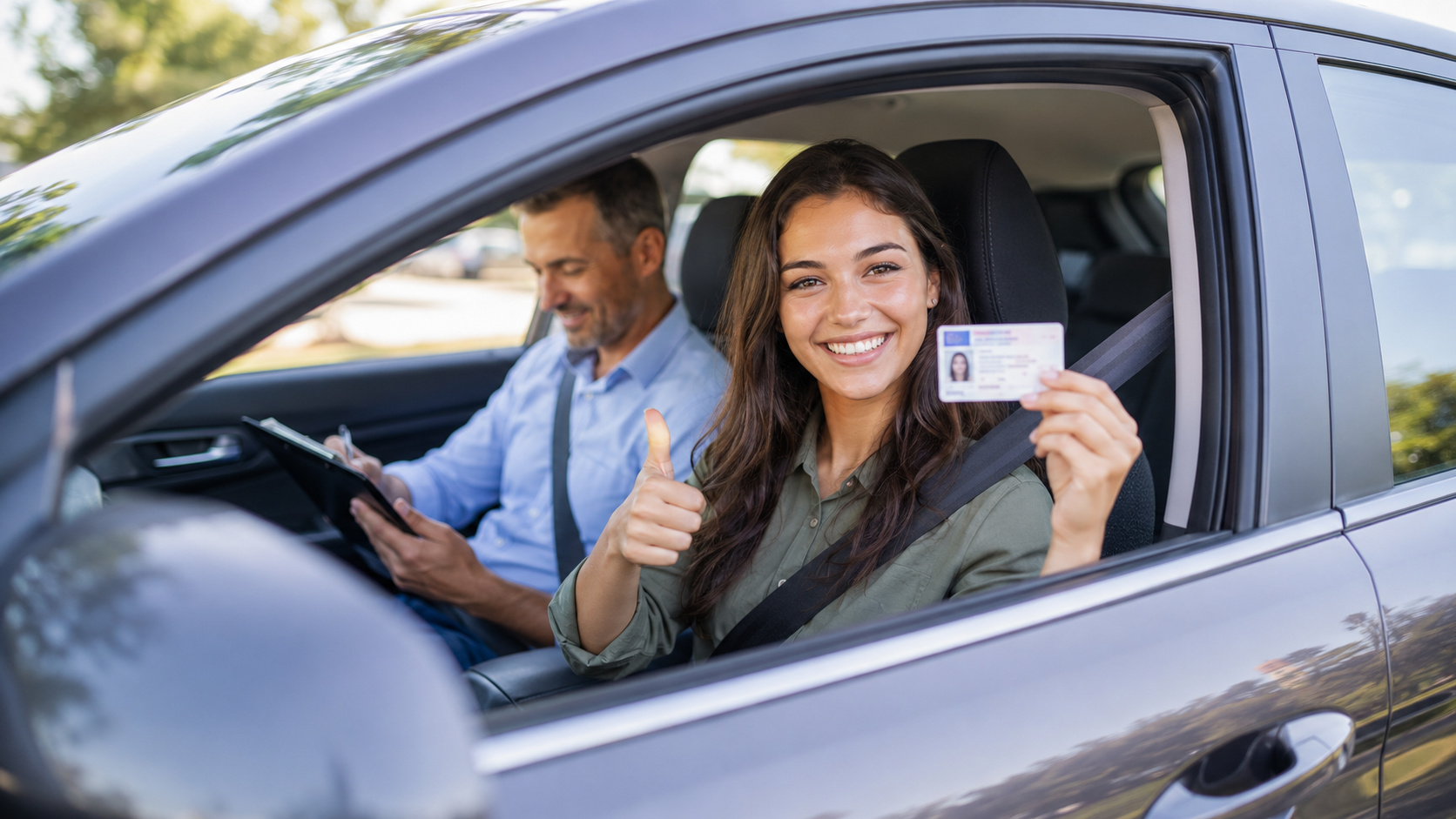 Candidata aprovada no exame prático para CNH mostra a habilitação ao lado do instrutor dentro do carro