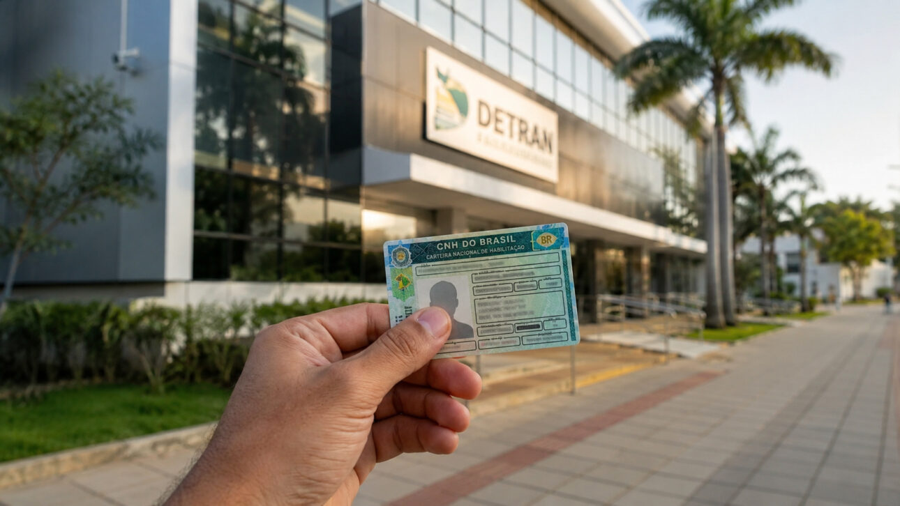 Hand holds a driver's license in front of a Detran unit, representing the changes in practical driving tests in 2026.