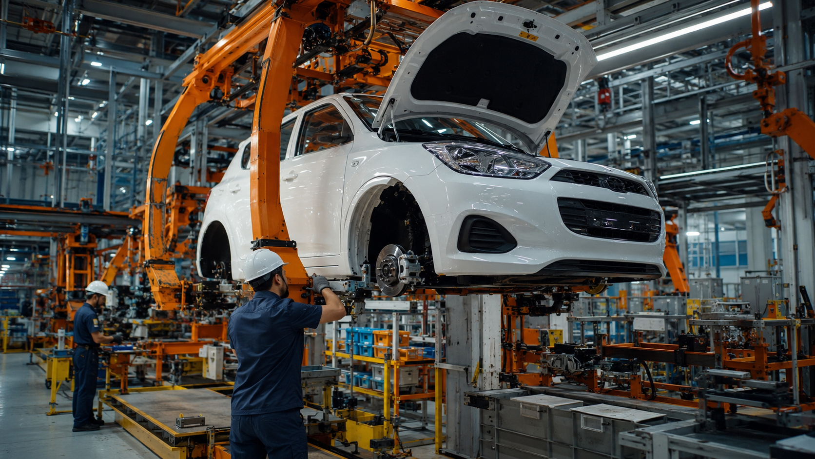 Carro branco em linha de montagem automotiva dentro de fábrica da General Motors no Brasil, com operários e estrutura industrial modernizada.