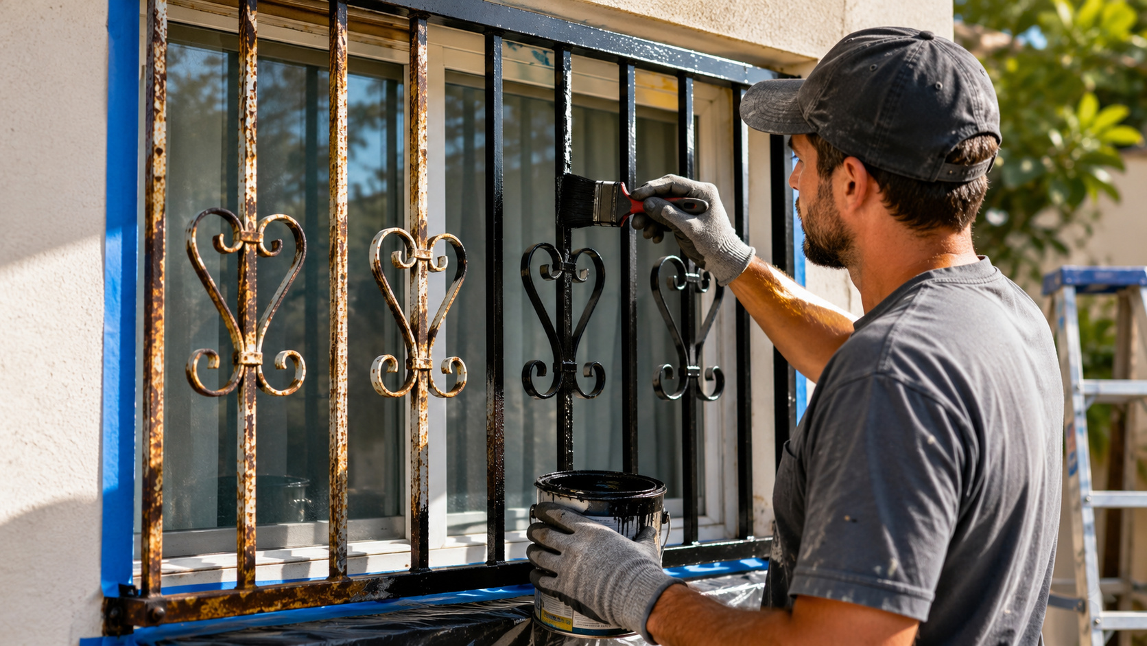 Pintor aplica tinta preta em grade de janela metálica durante processo de recuperação de ferrugem e renovação da fachada residencial.
