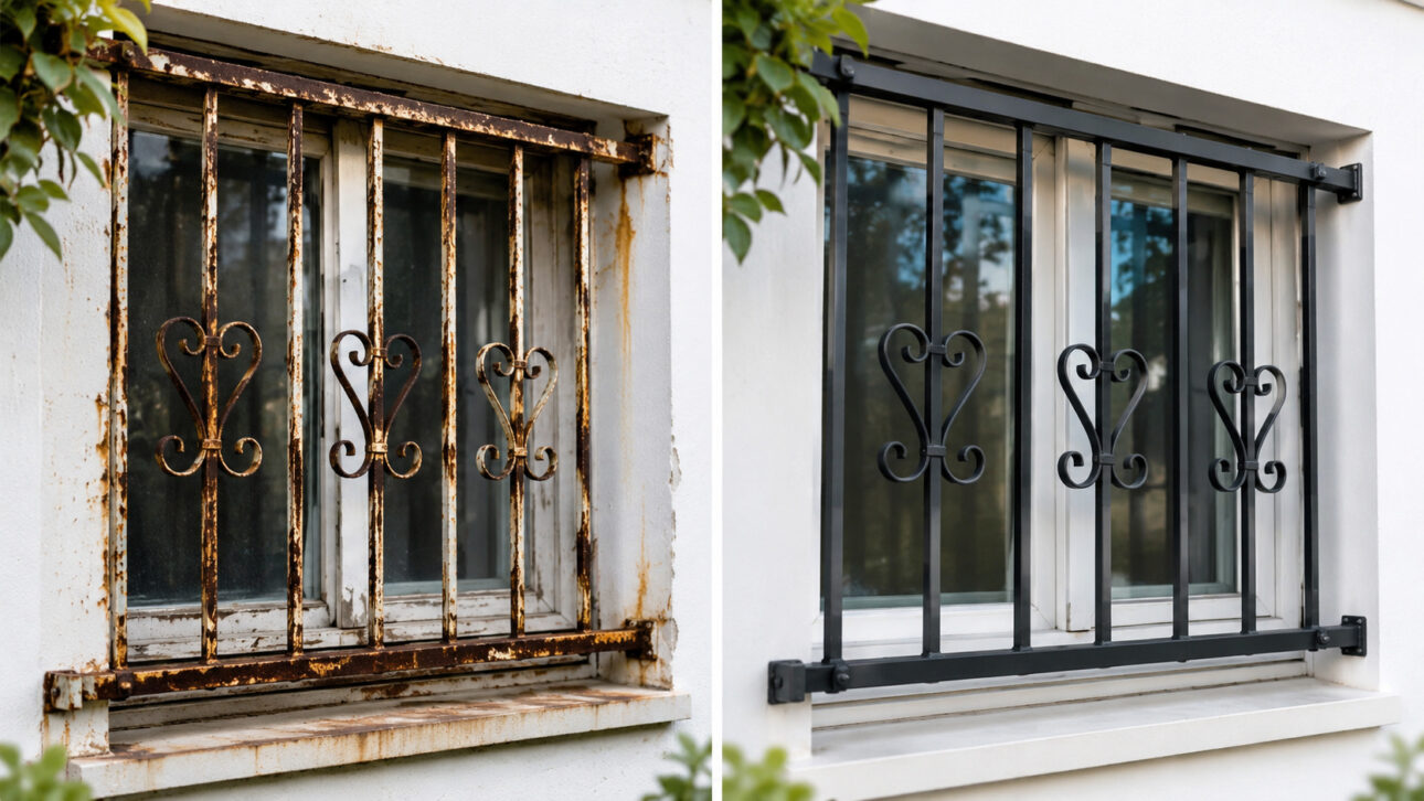 Comparação entre uma grade de janela enferrujada e a mesma estrutura após restauração com pintura anticorrosiva, destacando a renovação da fachada residencial.