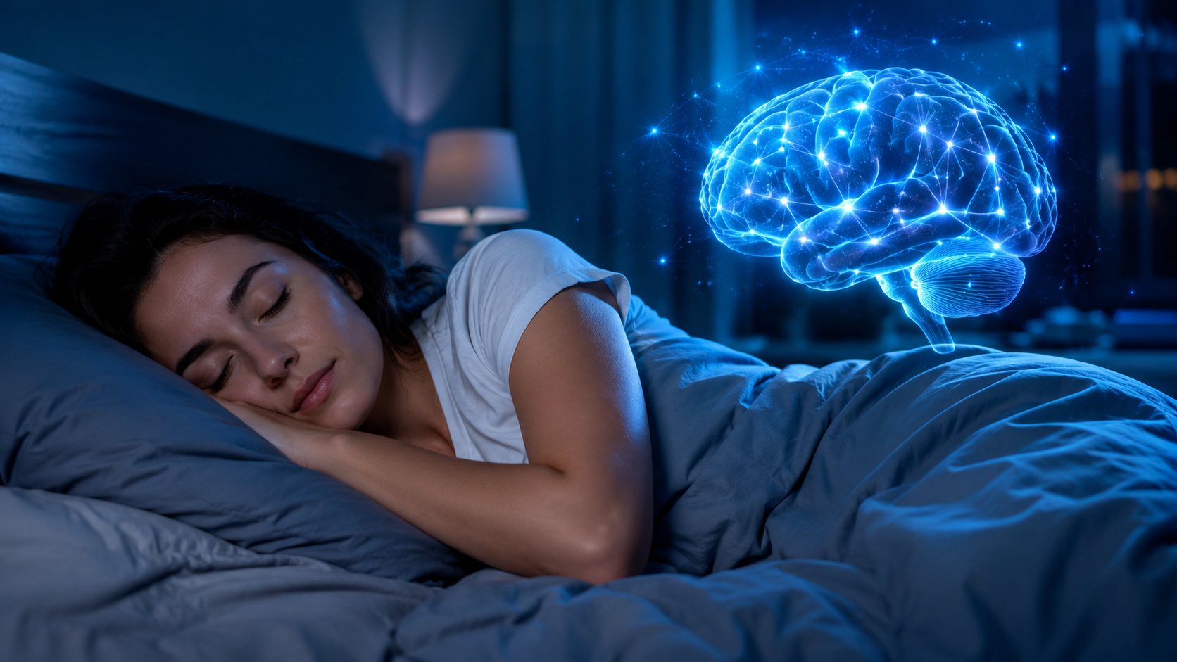 Mulher dorme tranquilamente enquanto uma representação digital de um cérebro iluminado simboliza os benefícios do sono para a saúde cerebral e a prevenção do Alzheimer.
