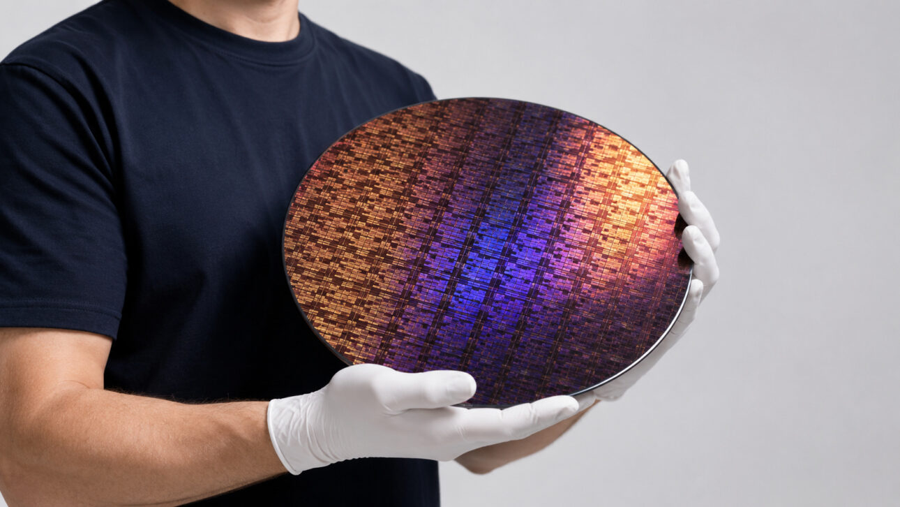 Profissional com luvas brancas segura wafer colorido de semicondutor relacionado ao chip de 0,7 nanômetro da IBM.